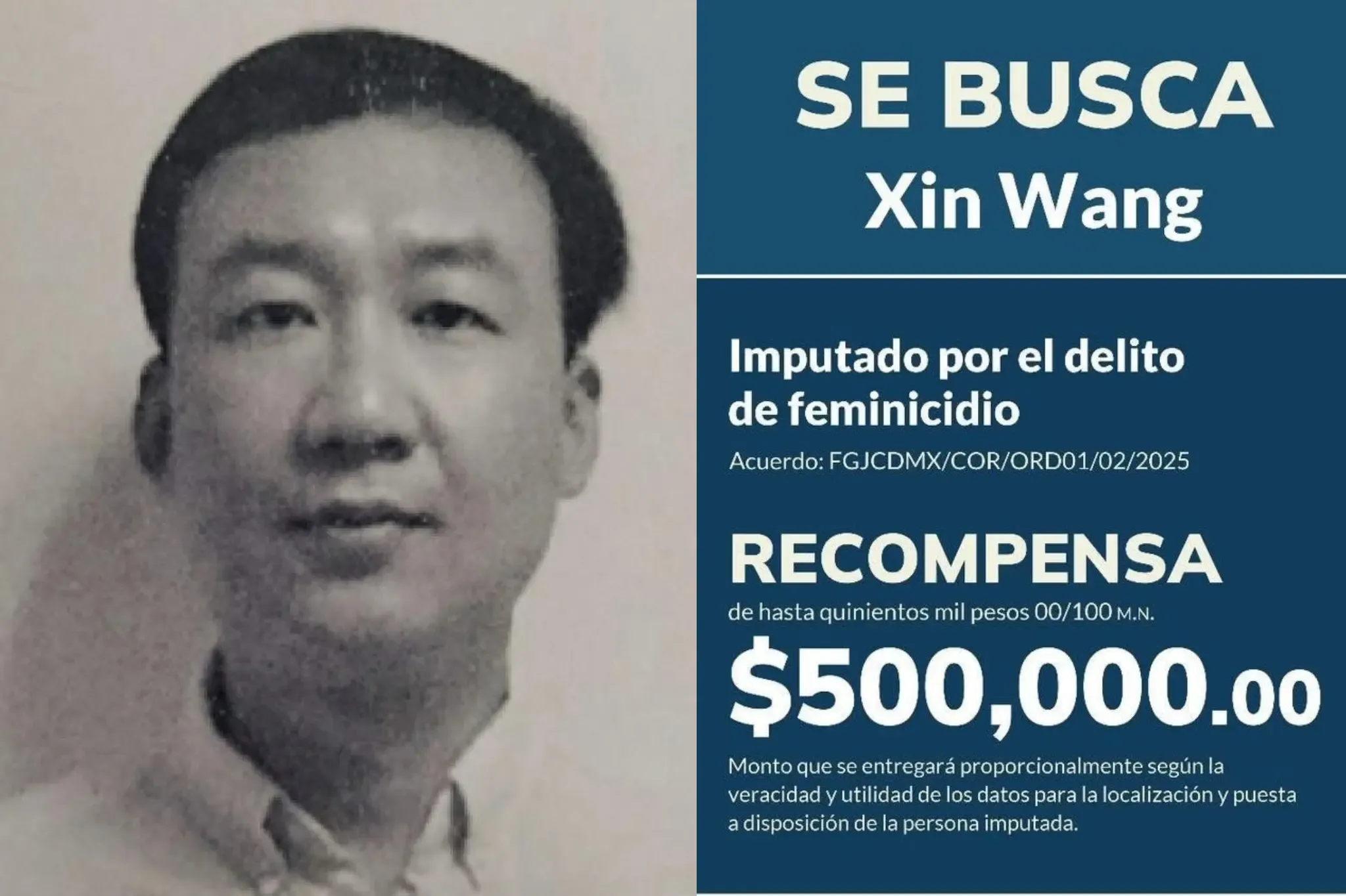 Alerta de búsqueda por Xin Wang, implicado en un caso de feminicidio.