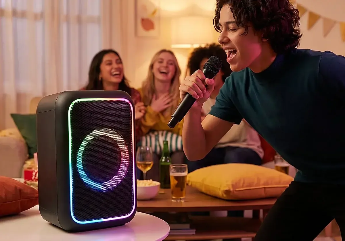 Los altavoces de karaoke con luces crean un ambiente dinámico y divertido en encuentros familiares y con amigos.