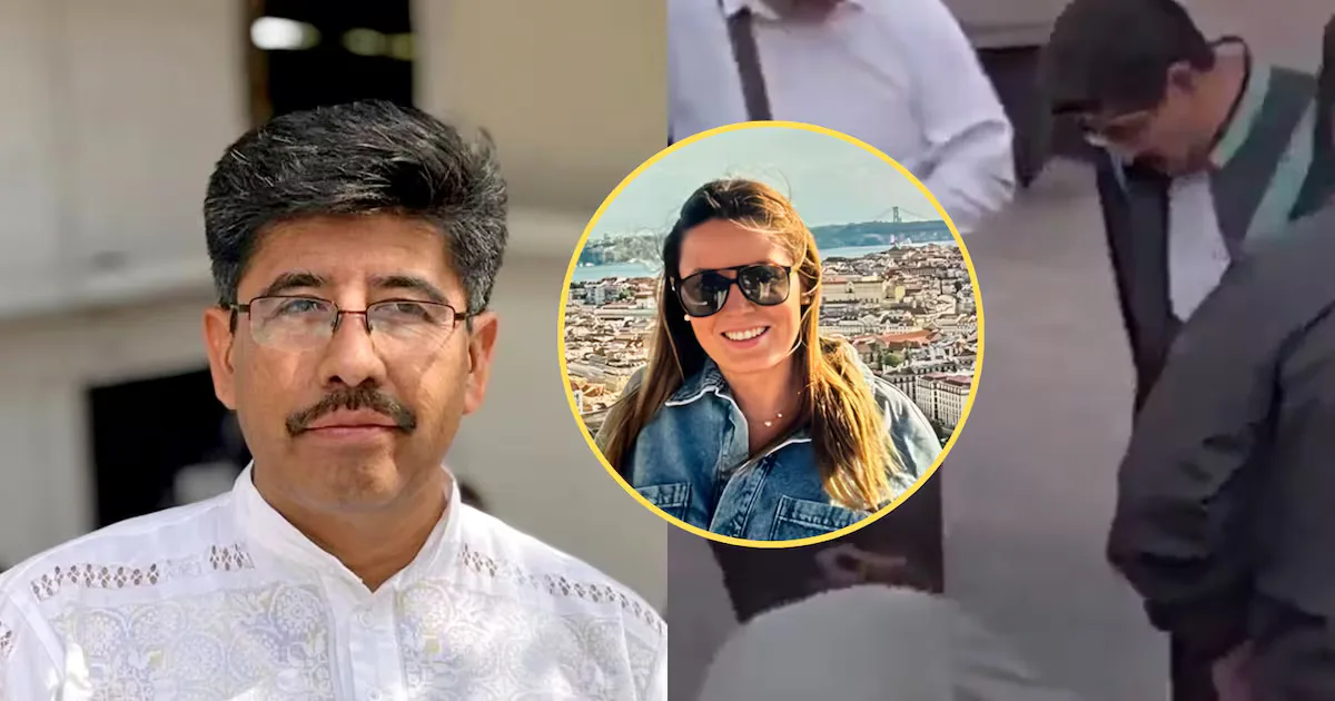 Amanda Pérez Bolaños limpia el zapato del presidente de la SCJN, Hugo Aguilar Ortiz, en Querétaro.