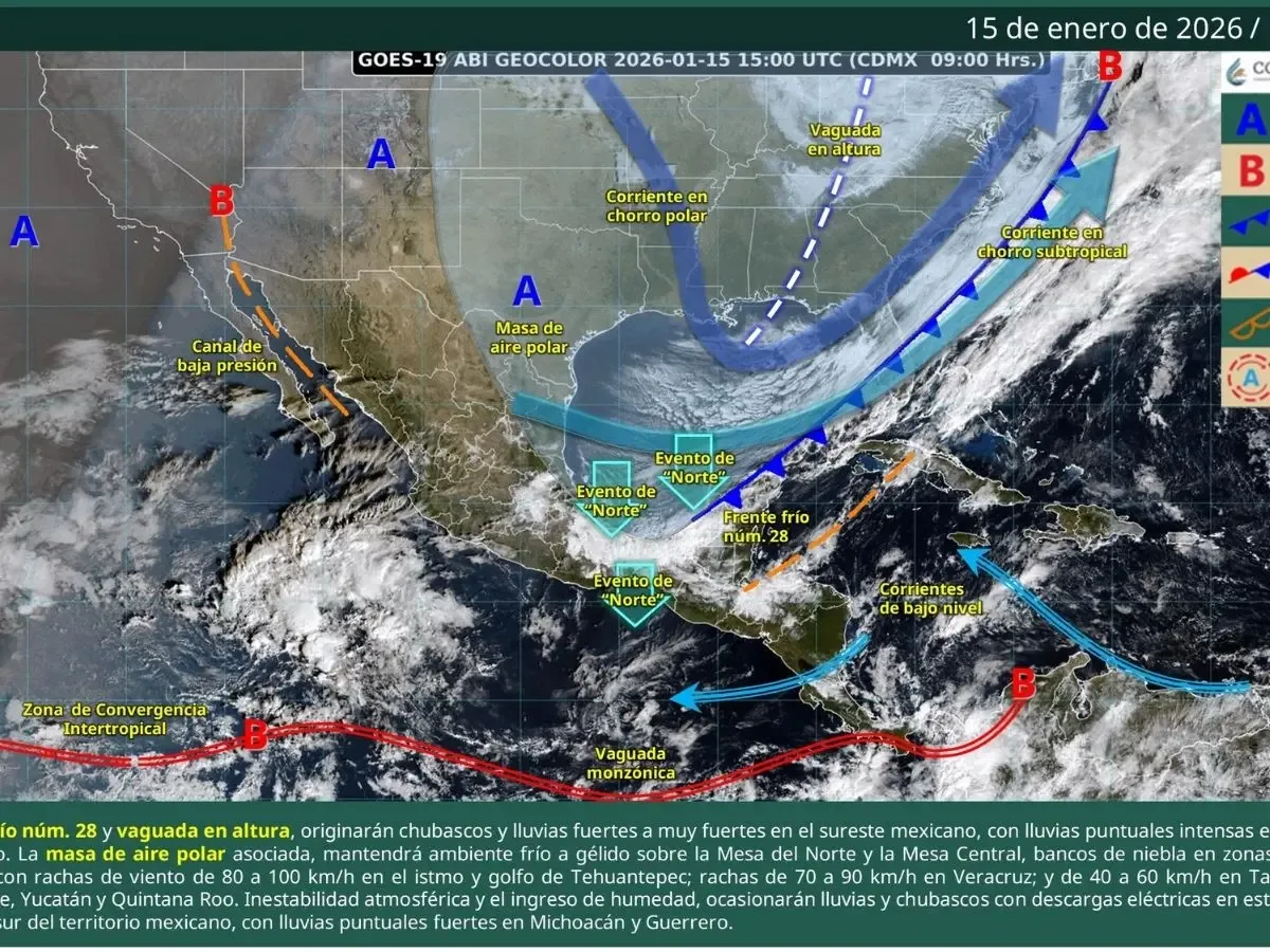 Ambiente frío y lluvias intensas en México el 15 de enero de 2026.