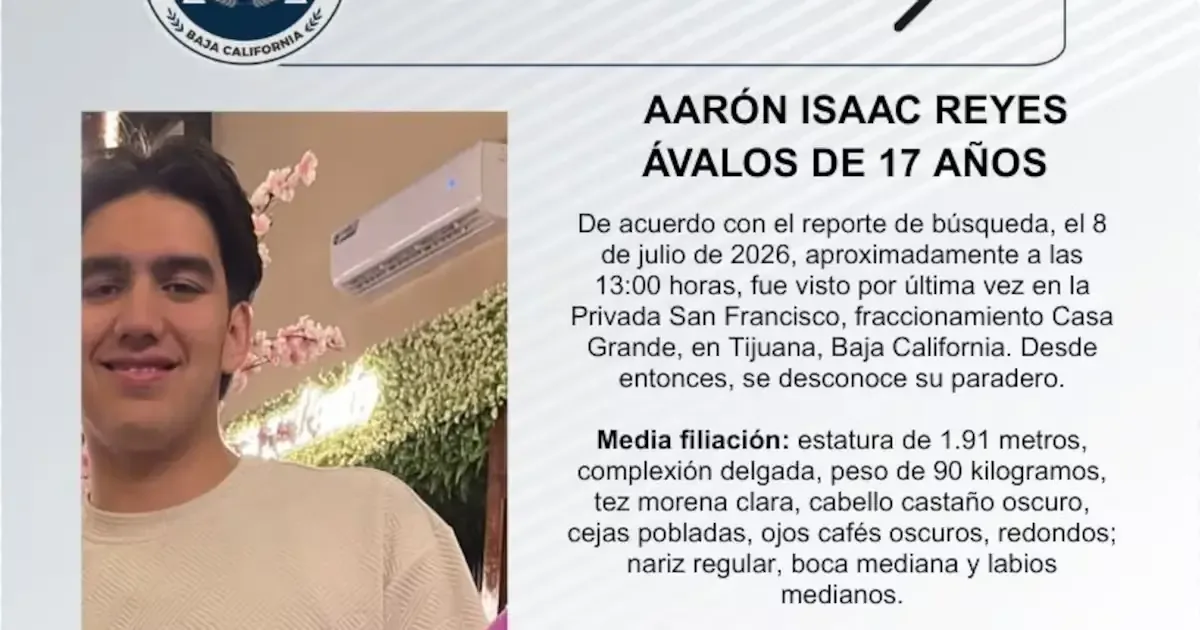 La Fiscalía de Baja California solicita ayuda para localizar a Aarón Isaac, visto por última vez en Tijuana.