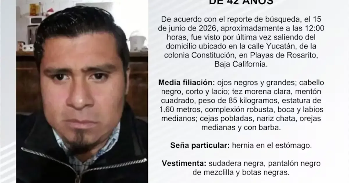 La Fiscalía de Baja California solicita cooperación ciudadana para localizar a un hombre reportado como desaparecido.
