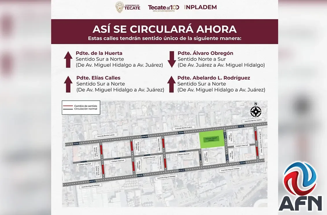 Cambios de sentido en calles del centro de Tecate para mejorar movilidad.