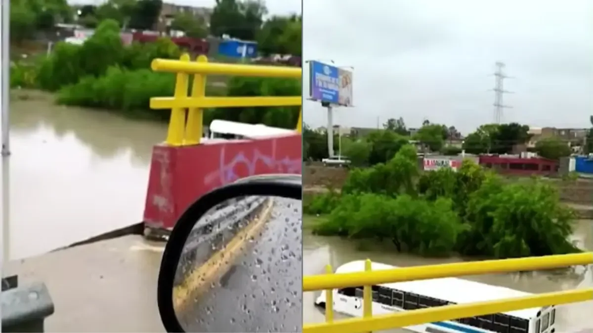 Un camión quedó inmovilizado en Ciudad Juárez tras intentar cruzar un paso a desnivel inundado por las lluvias recientes.