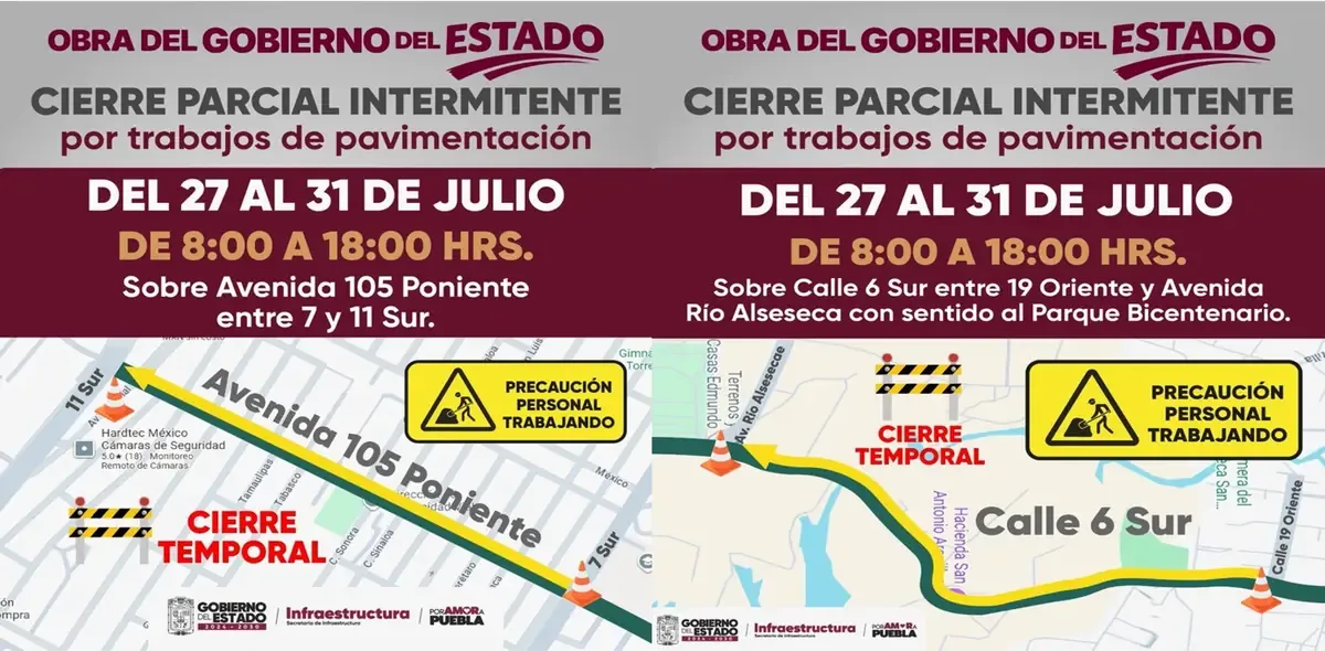 El cierre de estas calles afectará la circulación en el sur de Puebla, con obras programadas toda la semana.