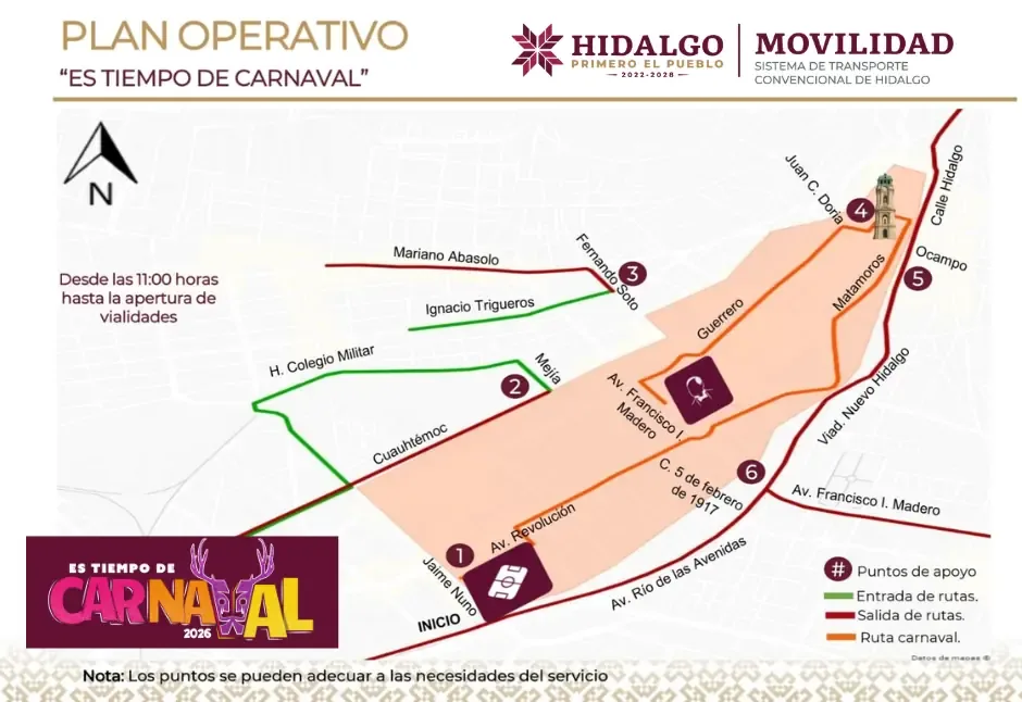 Cierre de vialidades en Pachuca afectará el servicio de transporte público durante el carnaval.