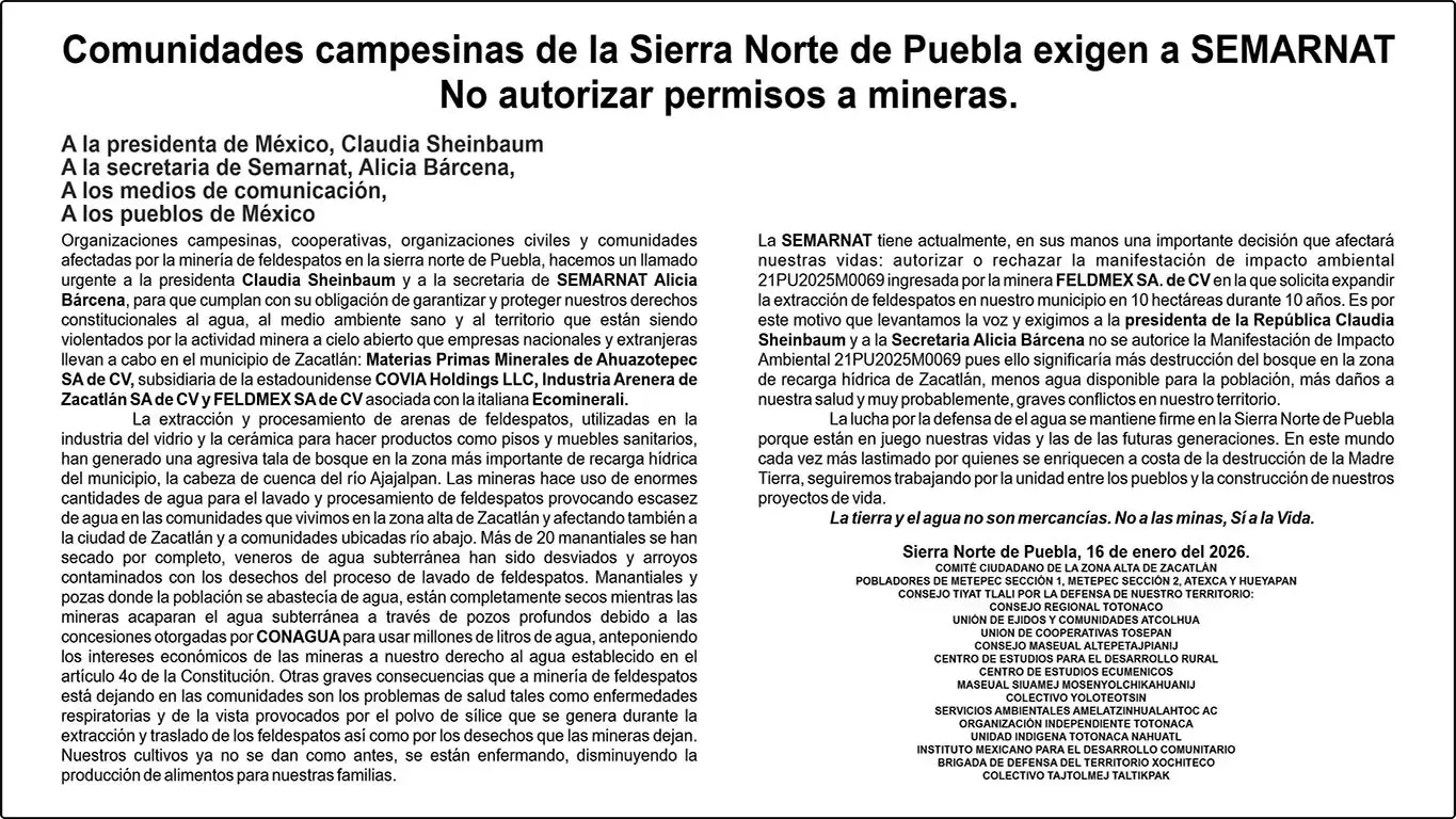 Comunidades campesinas en Puebla exigen protección frente a la minería.