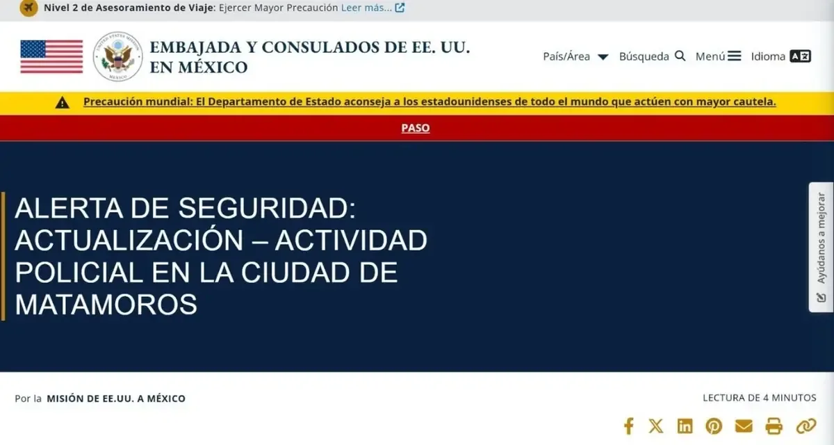 El levantamiento de la alerta se da tras reportes de menor actividad delictiva en Matamoros.