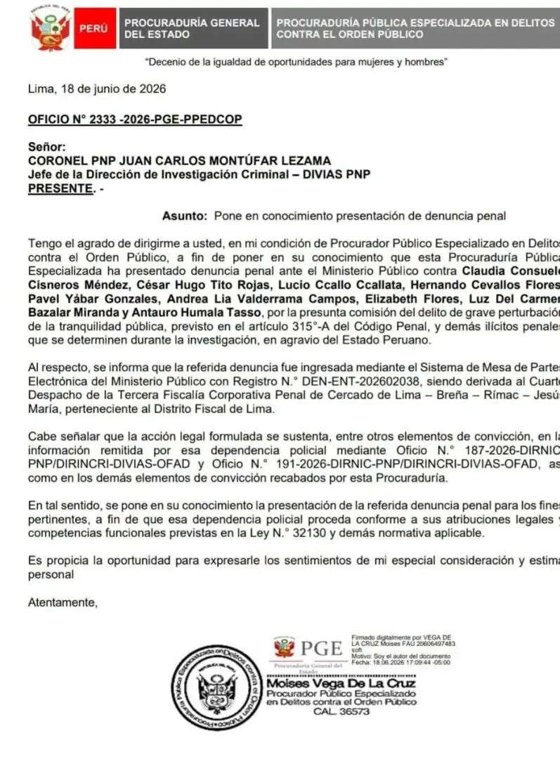 La Procuraduría presenta cargos por perturbación a la tranquilidad pública en medio de tensiones políticas.