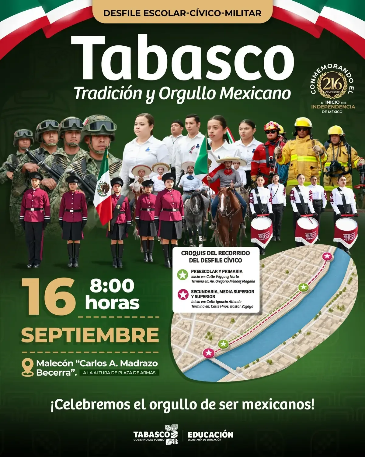 El desfile escolar, cívico y militar del 16 de septiembre invitará a la participación de las familias tabasqueñas.