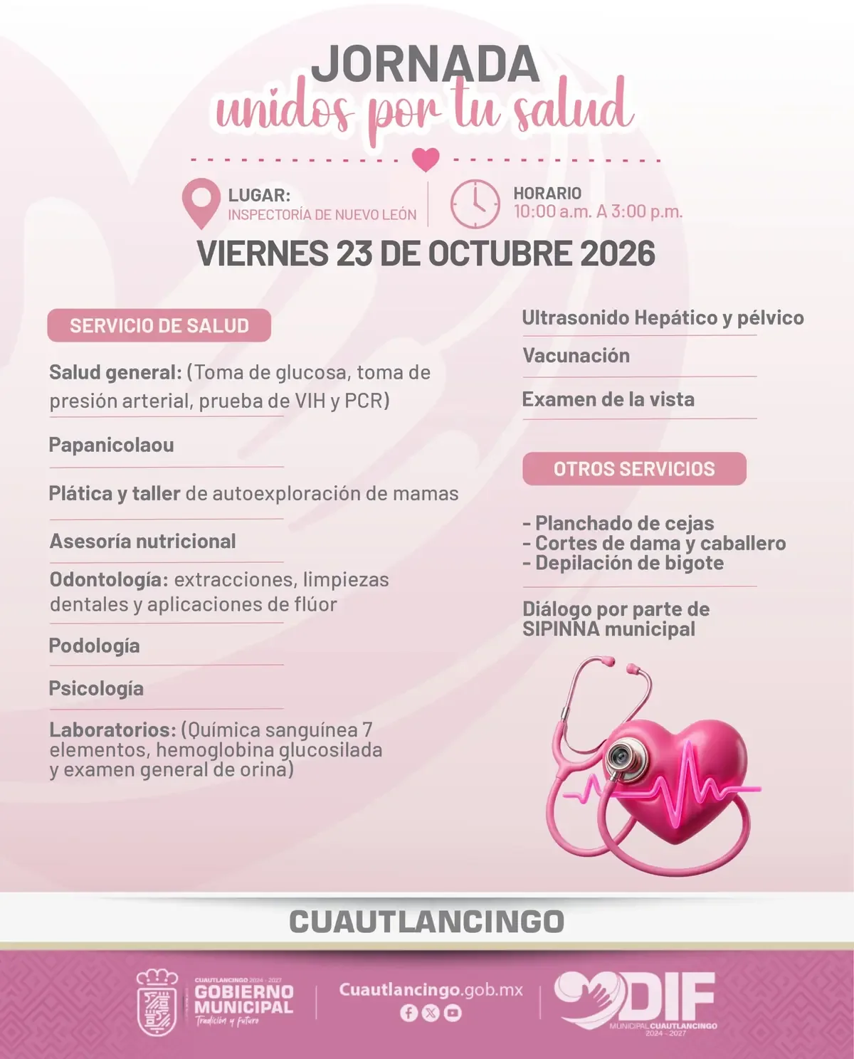 La jornada "Unidos por tu salud" brindará atención médica y servicios complementarios a la comunidad.