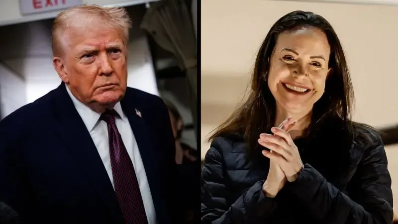 Donald Trump durante una conferencia, expresando su apoyo a María Corina Machado.