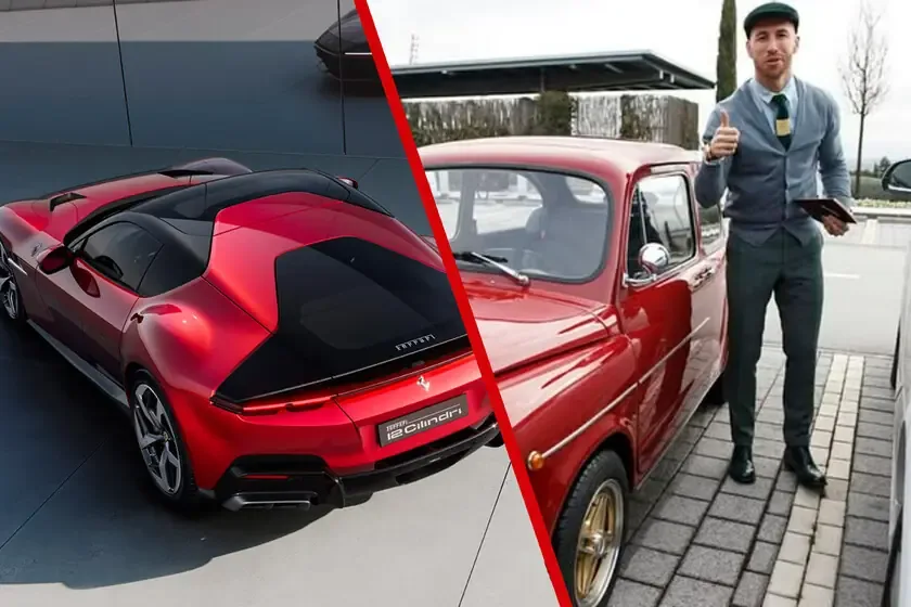El futbolista español exhibe un lujoso Ferrari mientras recuerda su peculiar Fiat 600 clásico.