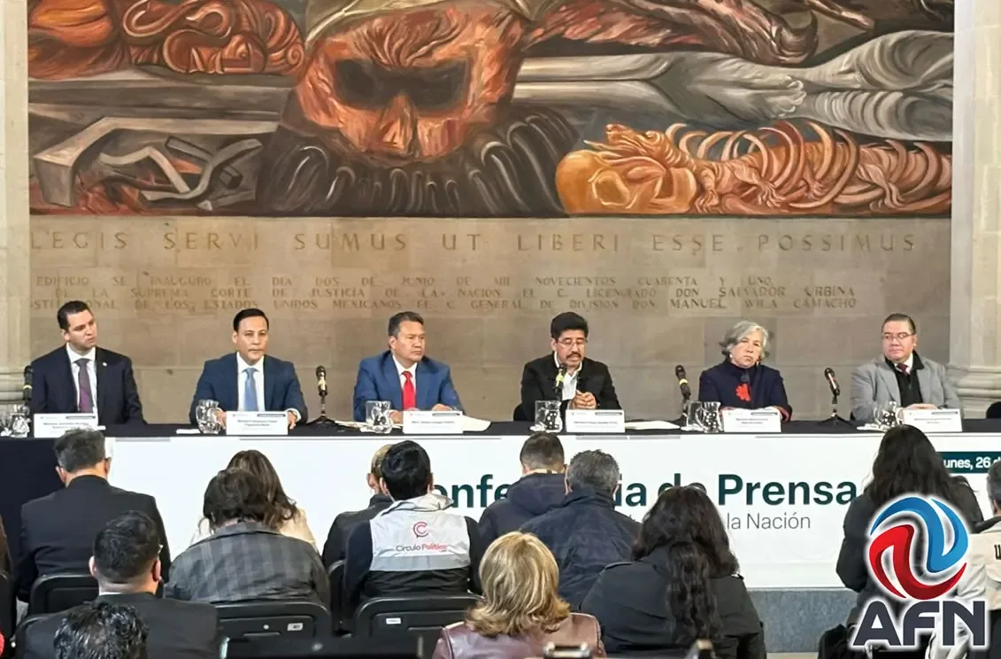 El ministro presidente de la SCJN, Hugo Aguilar Ortiz, durante la conferencia sobre austeridad.