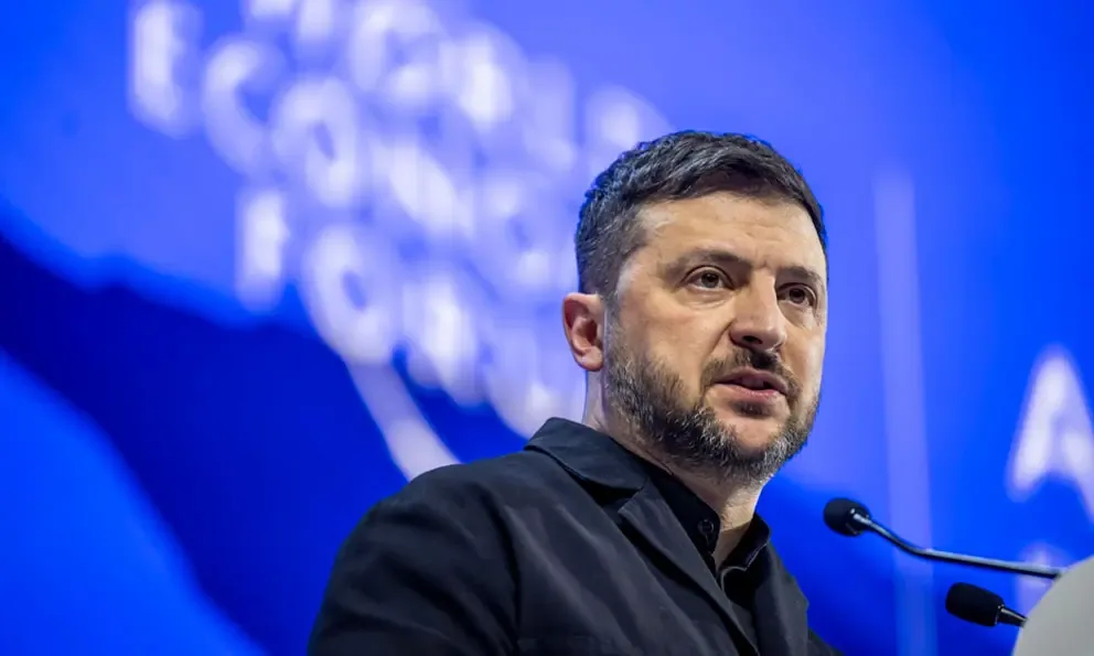 "El presidente ucraniano Volodímir Zelenski durante su discurso en Vilna."