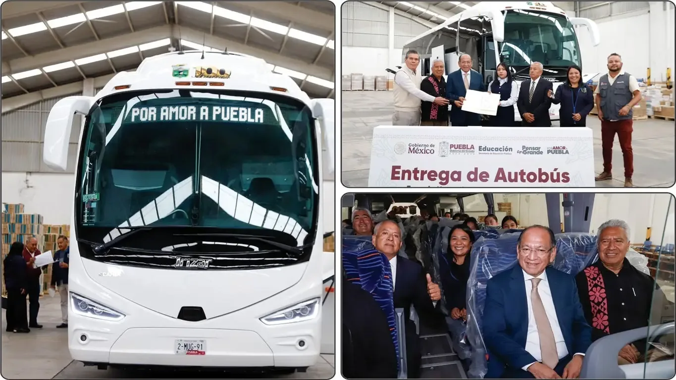 El secretario de Gobernación, Samuel Aguilar Pala, entrega un autobús escolar a estudiantes normalistas.