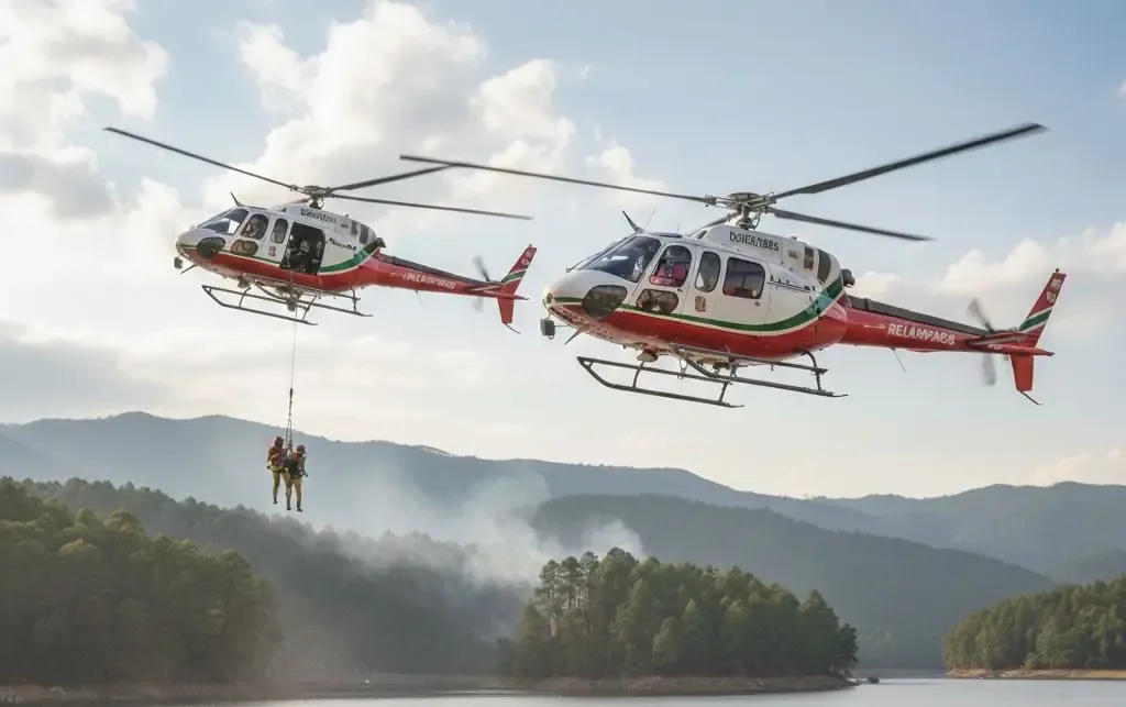 Entrenamiento aéreo de la unidad de Rescate Aéreo en Valle de Bravo para combatir incendios.