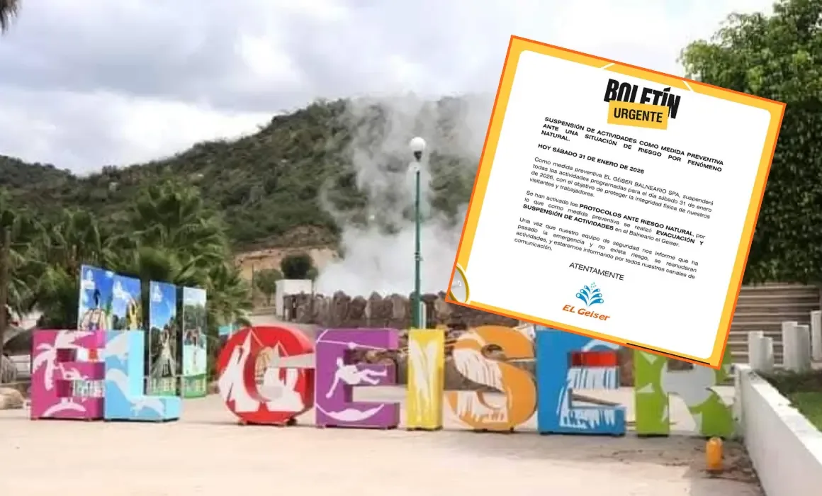 "Evacuación en el balneario El Géiser tras reducción de agua y vapor."