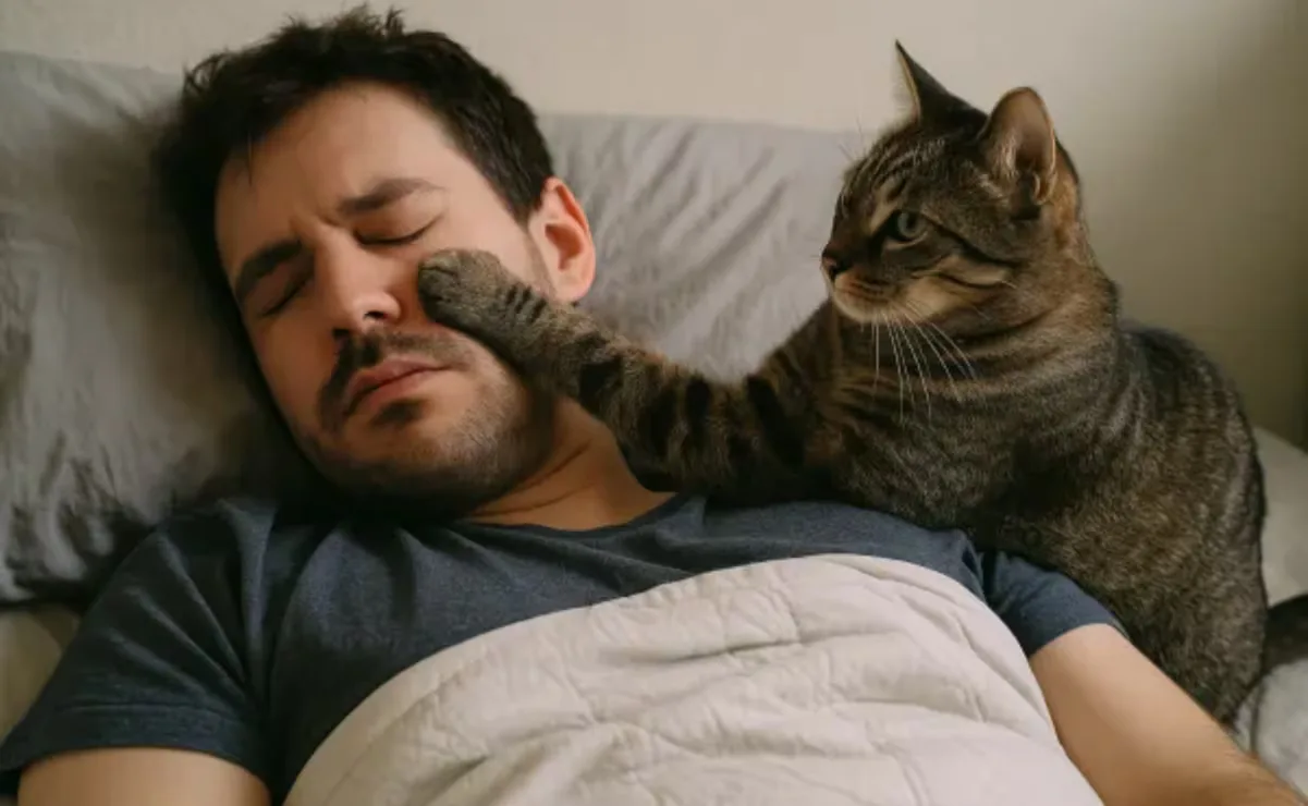 Gato despertando a su dueño por la madrugada.