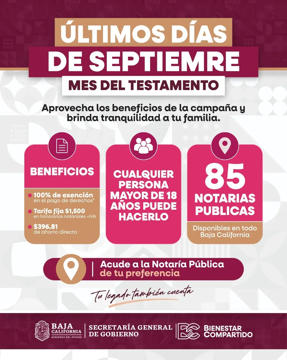 La campaña “Septiembre, Mes del Testamento”, busca facilitar el acceso a este trámite en 85 notarías del estado.