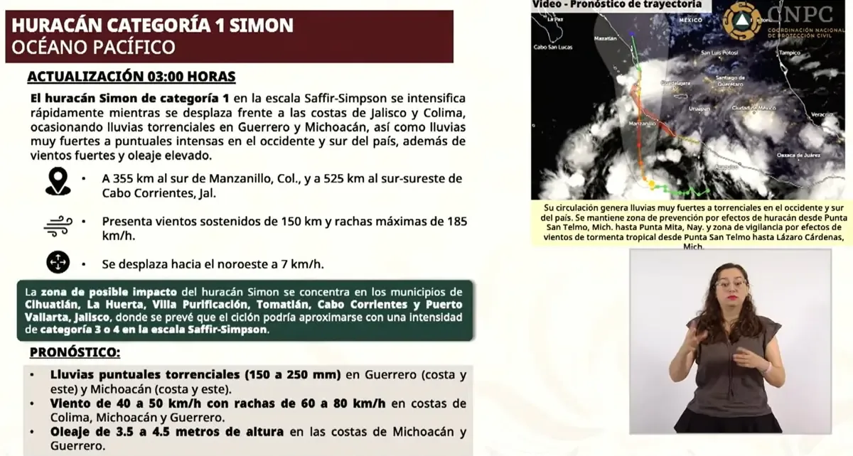 La tormenta avanza hacia la costa con vientos de 150 km/h y lluvias intensas.