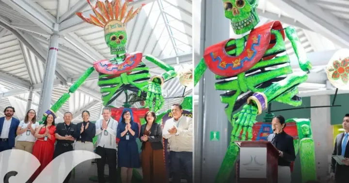 La escultura celebra la unión de la cultura mexicana y el futbol, recibiendo a visitantes en el Mundial.