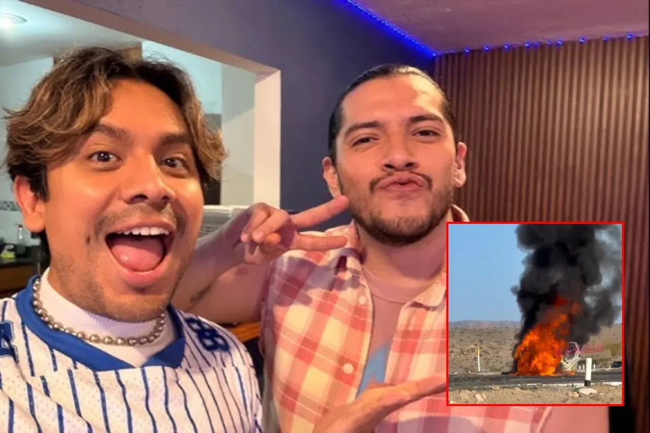 Influencers Pepe y Teo tras el incendio de su camioneta en la carretera.