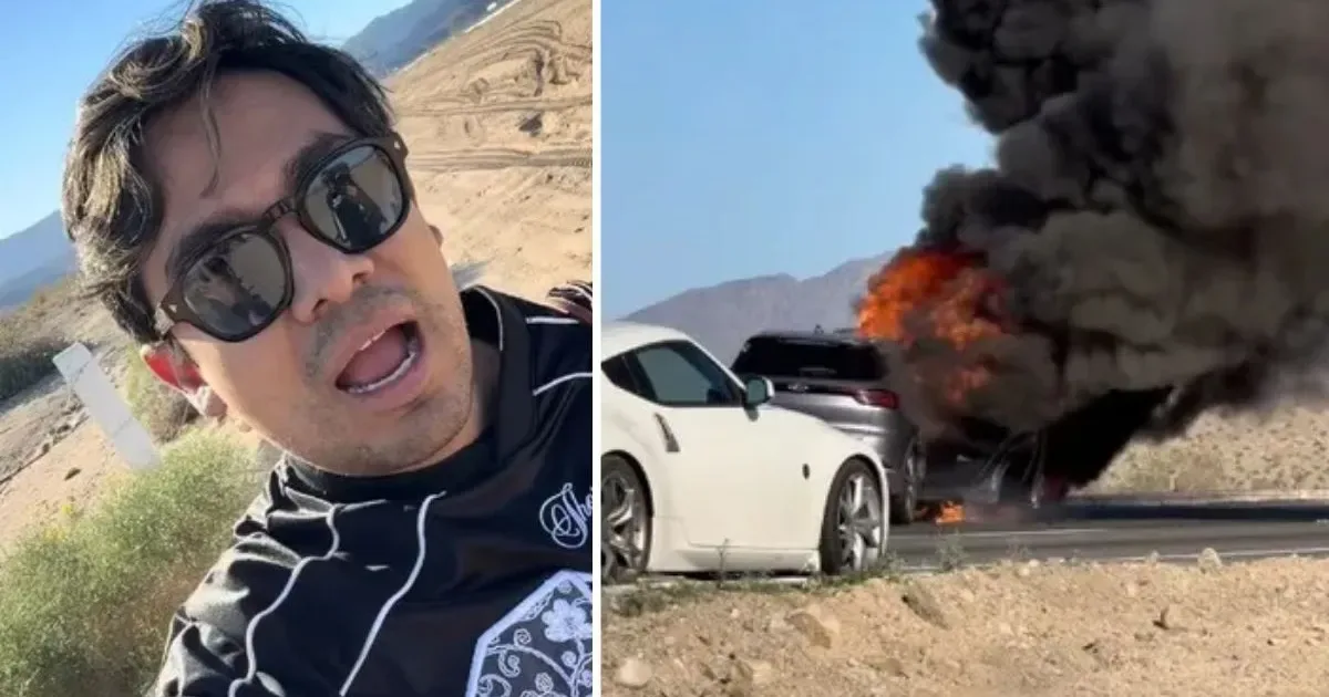 Influencers Ricardo Peralta y César Doroteo tras el incendio de su camioneta en Baja California.