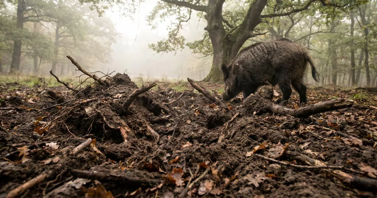 Jabalíes en un bosque protegido de Europa, amenazando la biodiversidad.