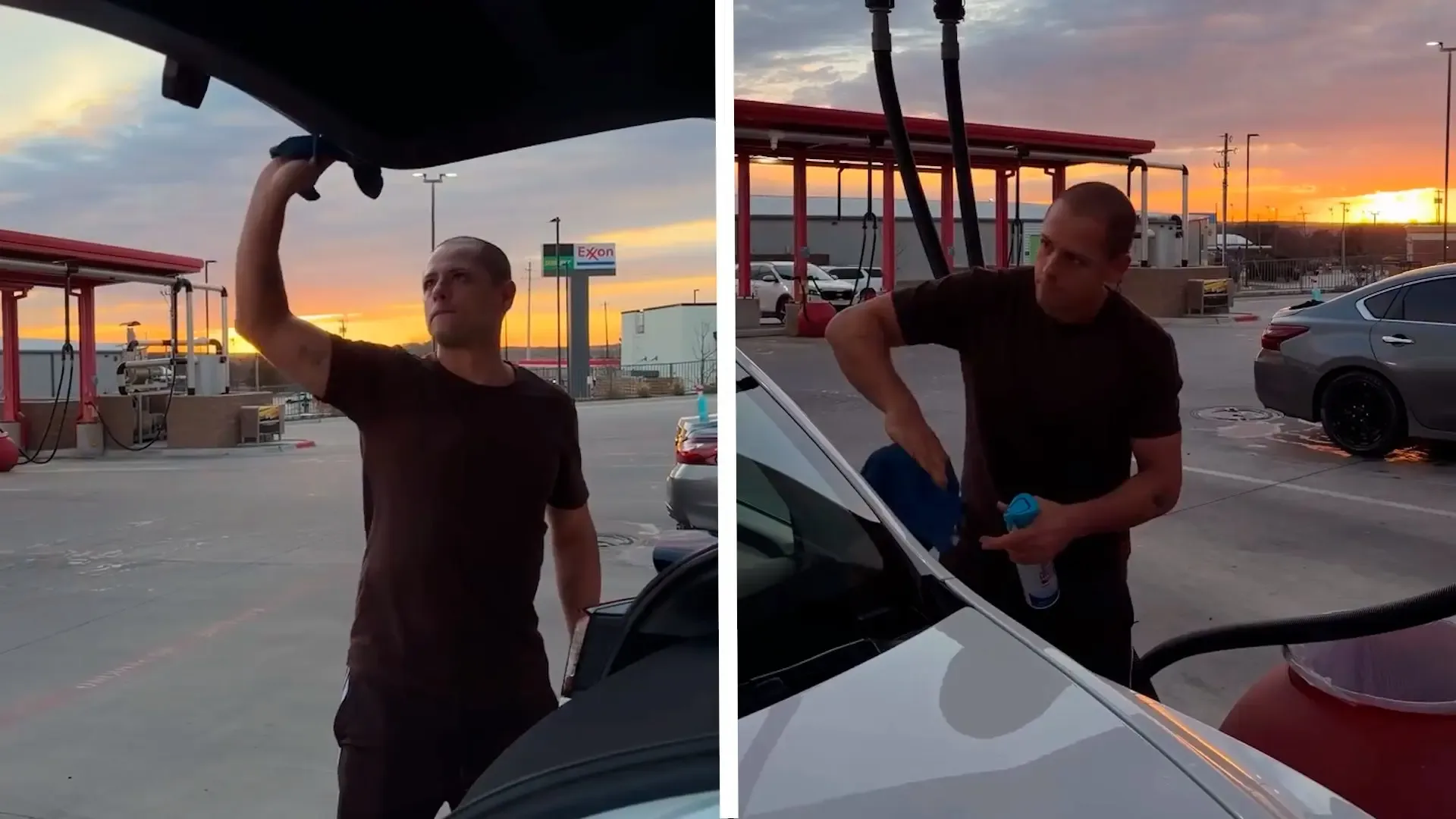 Javier 'Chicharito' Hernández durante su nueva actividad de lavar autos.