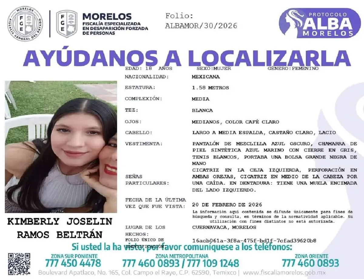 Kimberly Joselin Ramos Beltrán es buscada por las autoridades tras su desaparición el pasado fin de semana.
