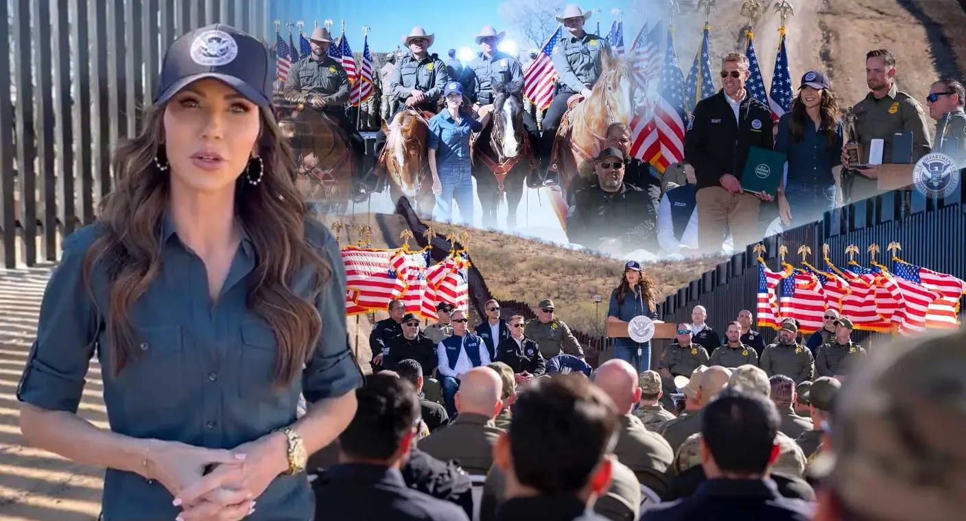 Kristi Noem durante su visita a Nogales, Arizona, hablando sobre seguridad fronteriza.