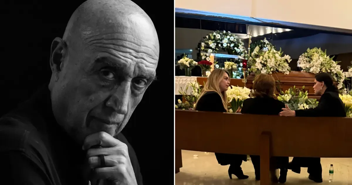 La actriz Lucía Méndez y su hijo durante el funeral de Pedro Torres en CDMX.