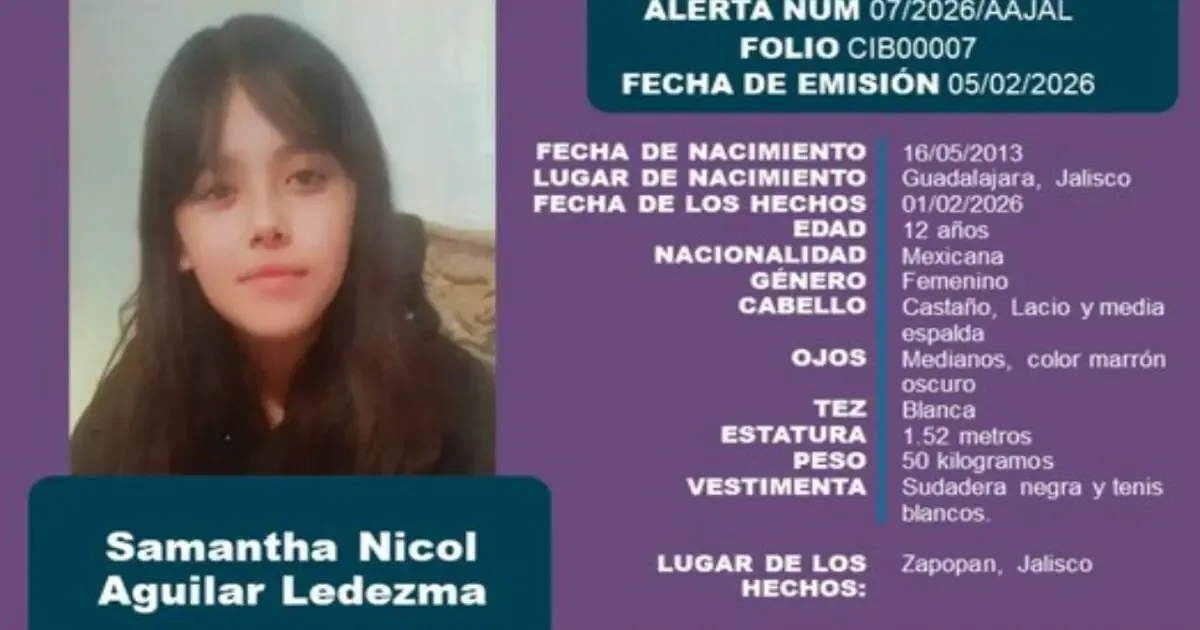 La búsqueda de Samantha Nicol Aguilar continúa en Zapopan tras la activación de la Alerta Amber.