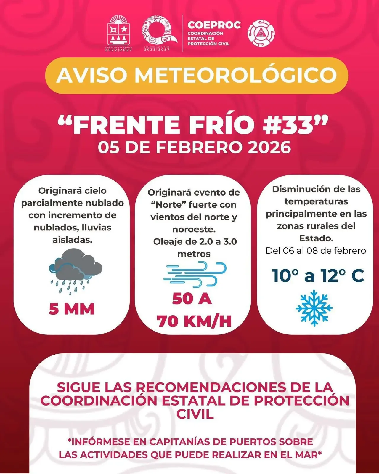 "La Coordinación Estatal de Protección Civil emite alerta por el Frente Frío 33."