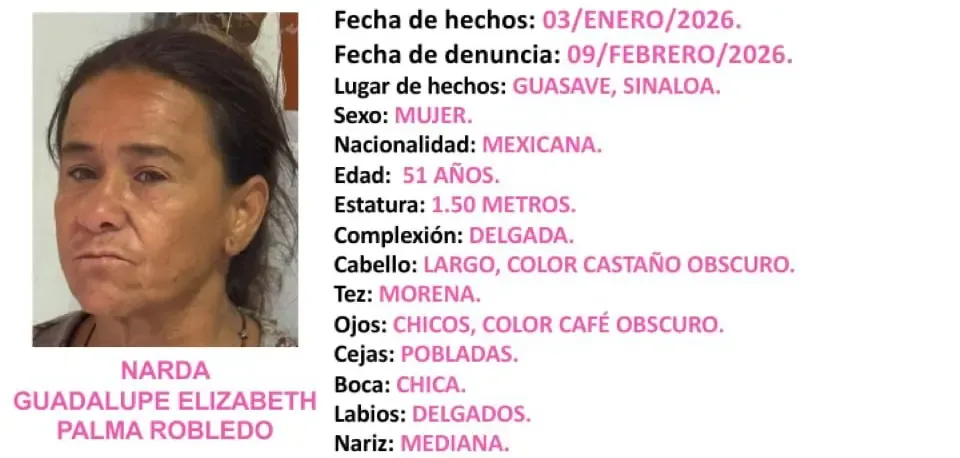 La Fiscalía de Sinaloa busca localizar a Narda Guadalupe, desaparecida desde enero.