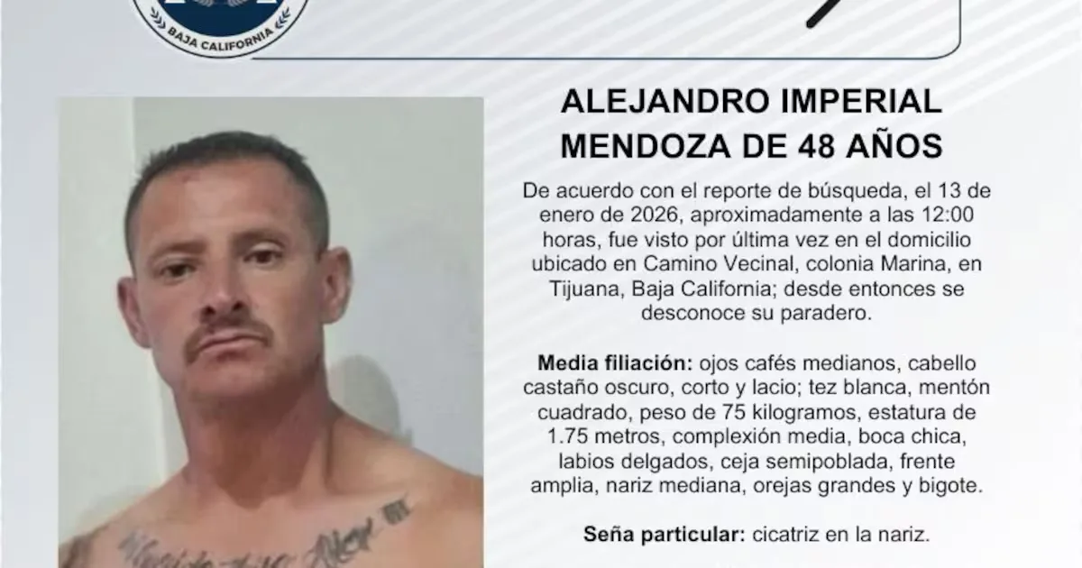 La Fiscalía General del Estado busca información sobre Alejandro Imperial Mendoza, desaparecido en Tijuana.
