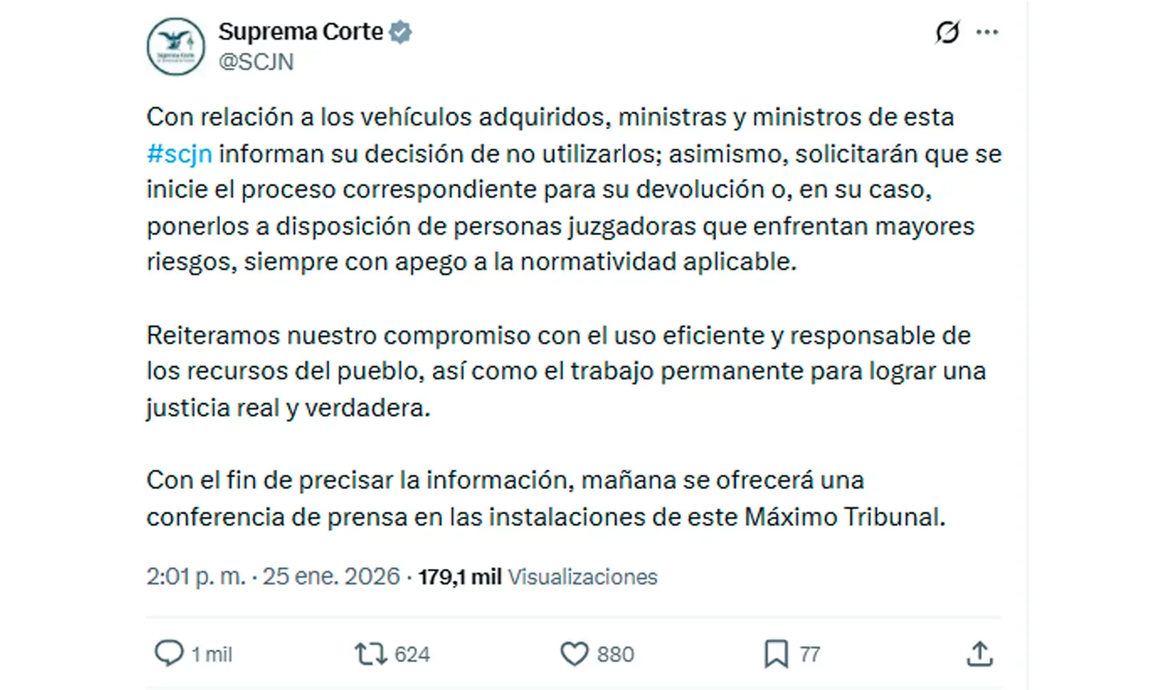 La SCJN anuncia la devolución de camionetas blindadas adquiridas.