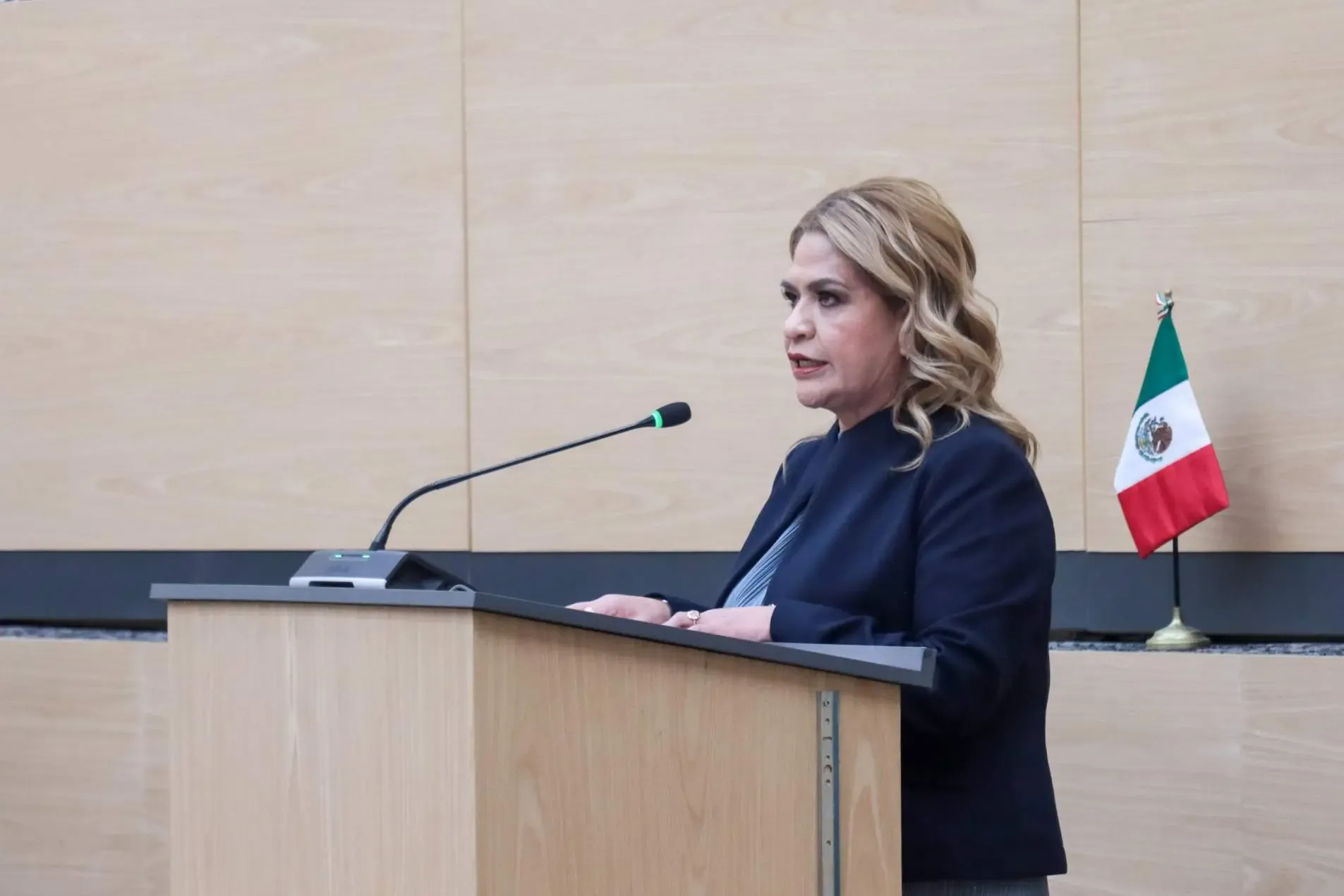 La secretaria Josefina Morales Guerrero durante su comparecencia en el Congreso de Puebla.