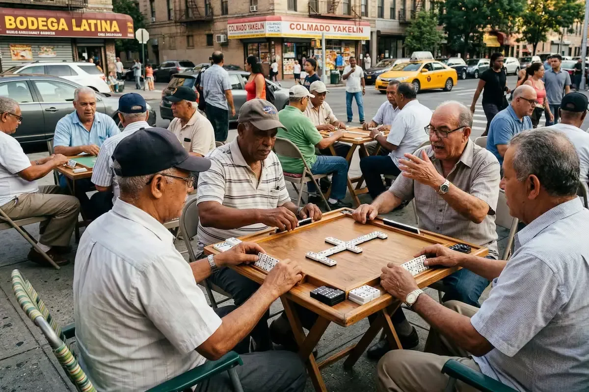 La comunidad latina del Bronx saca mesas a la calle para jugar dominó, reafirmando vínculos culturales.