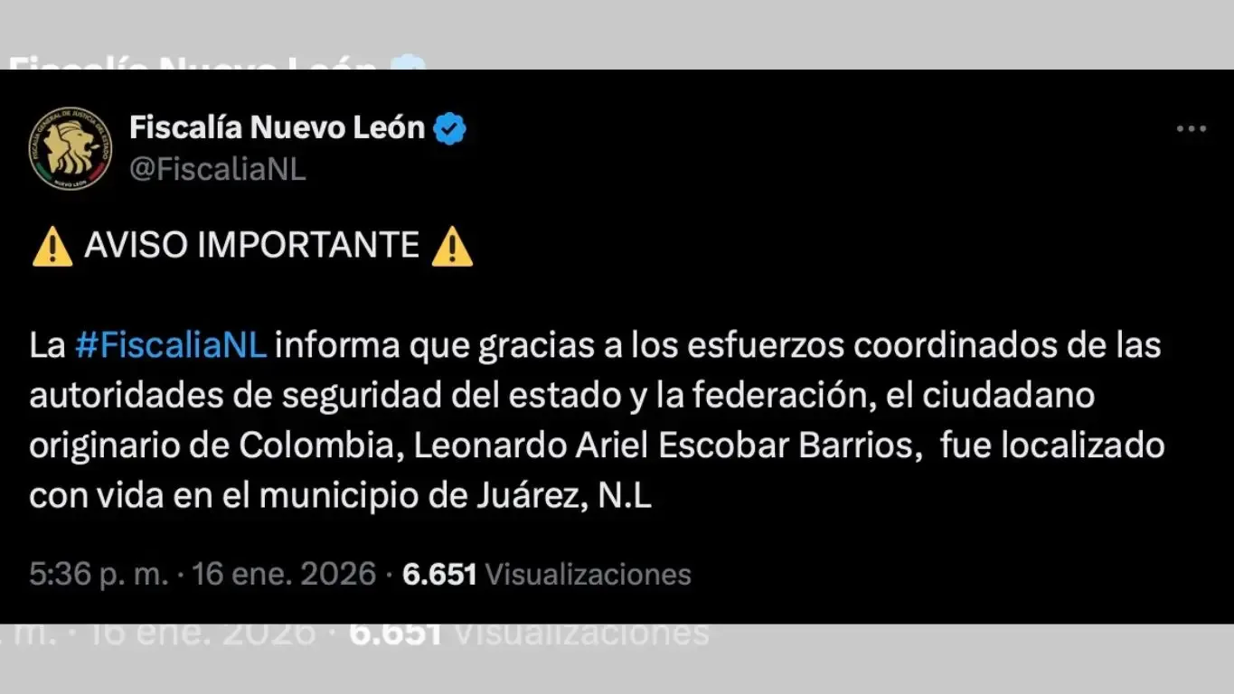 "Leonardo Escobar, académico colombiano, fue encontrado sano y salvo en Nuevo León."