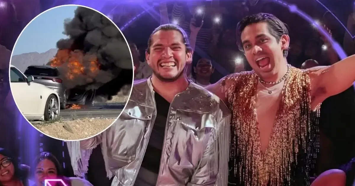 "Los influencers Ricardo Peralta y César Doroteo tras el incendio de su vehículo en Baja California."