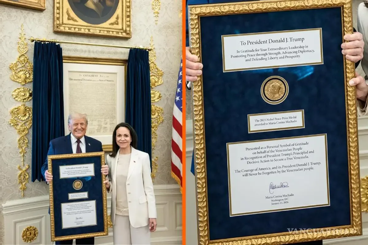 María Corina Machado entrega la medalla del Nobel a Donald Trump en un acto en la Casa Blanca.