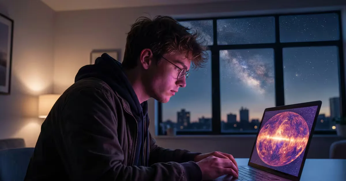 "Matteo Paz, ganador de un reconocimiento en ciencia, frente a su computadora."
