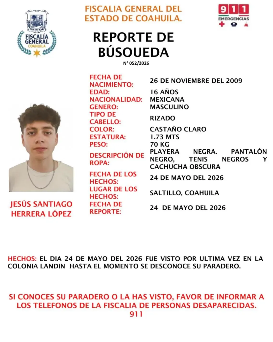 La Fiscalía de Coahuila solicita apoyo ciudadano para localizar a un adolescente de 16 años.