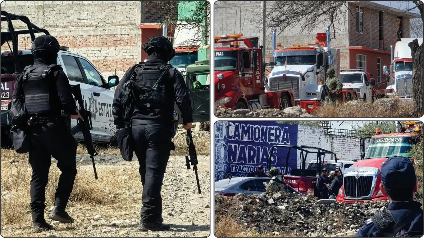 Operativo de la Fiscalía en Tehuacán, asegurando tractocamiones robados.
