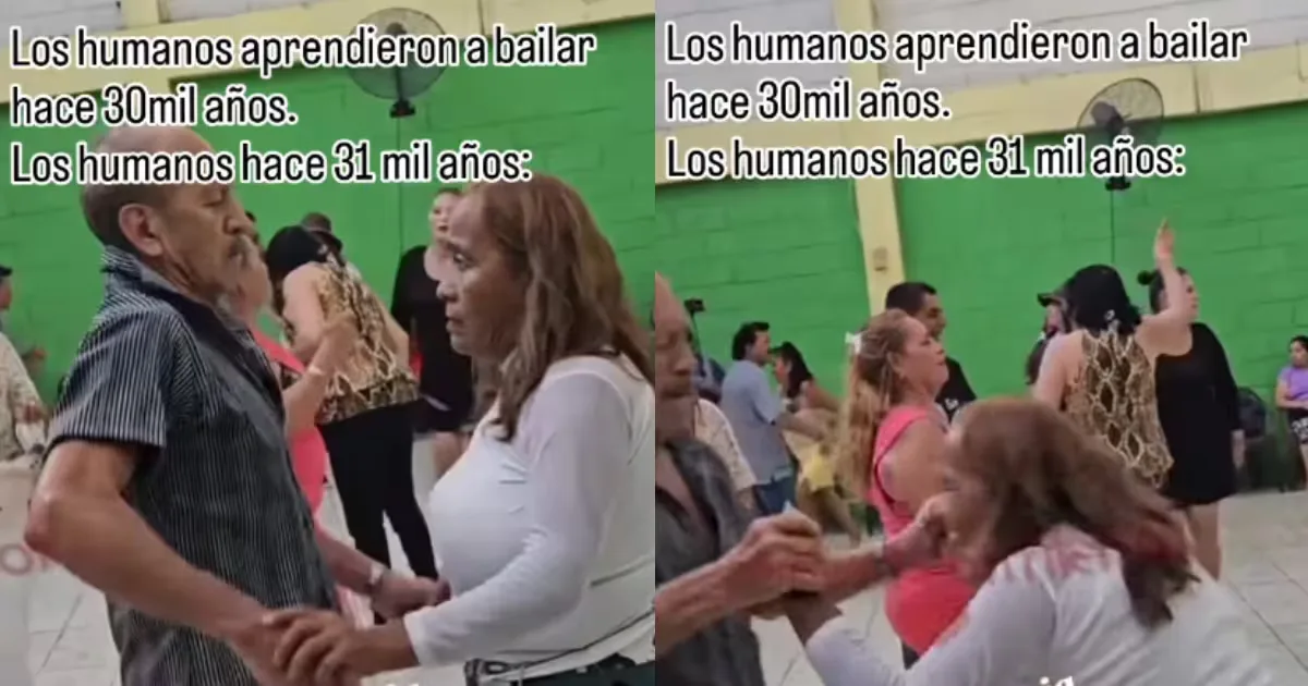 Pareja de adultos mayores bailando en una pista, capturando el humor mexicano.
