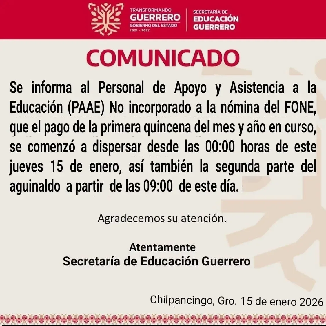 Personal docente recibirá su primer pago quincenal del año en Guerrero.