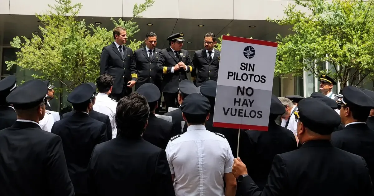 Pilotos agremiados exigen resolución a sus demandas laborales durante negociaciones con la aerolínea.