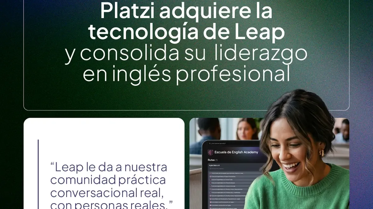 La integración de Leap mejora la práctica conversacional en inglés para estudiantes de Platzi.